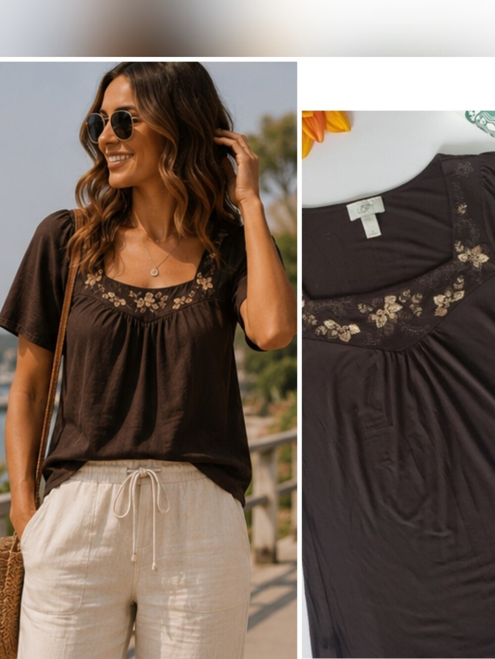 LOFT Embroidery FLowers BROWN Top